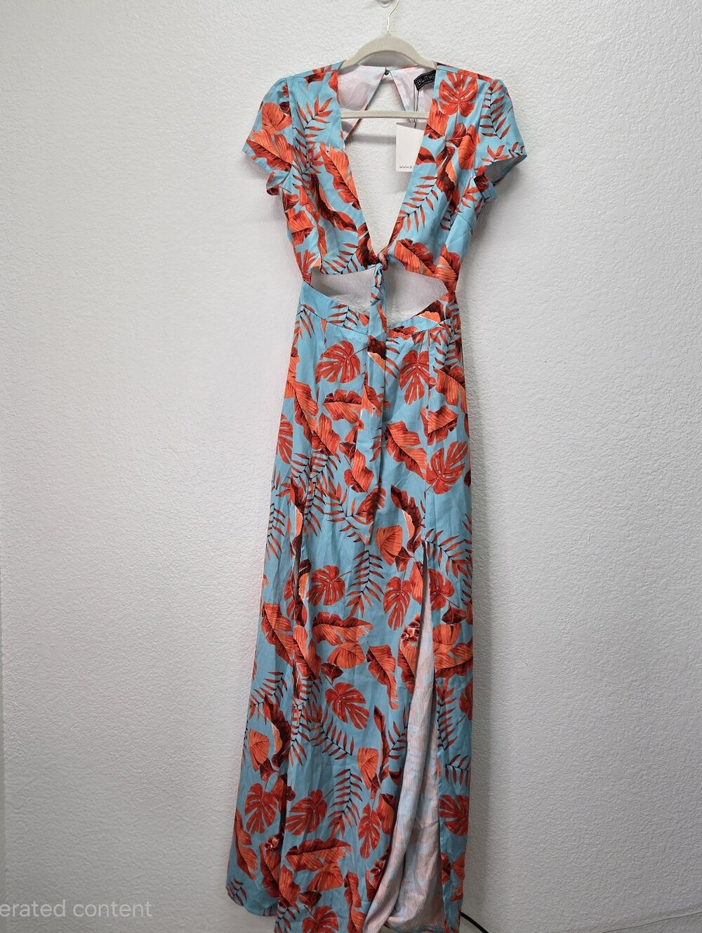 Blithe Blue Orange Leaf Print High Slit Maxi Dress Attached Shorts Romper Sz M - Picture 3 of 17
